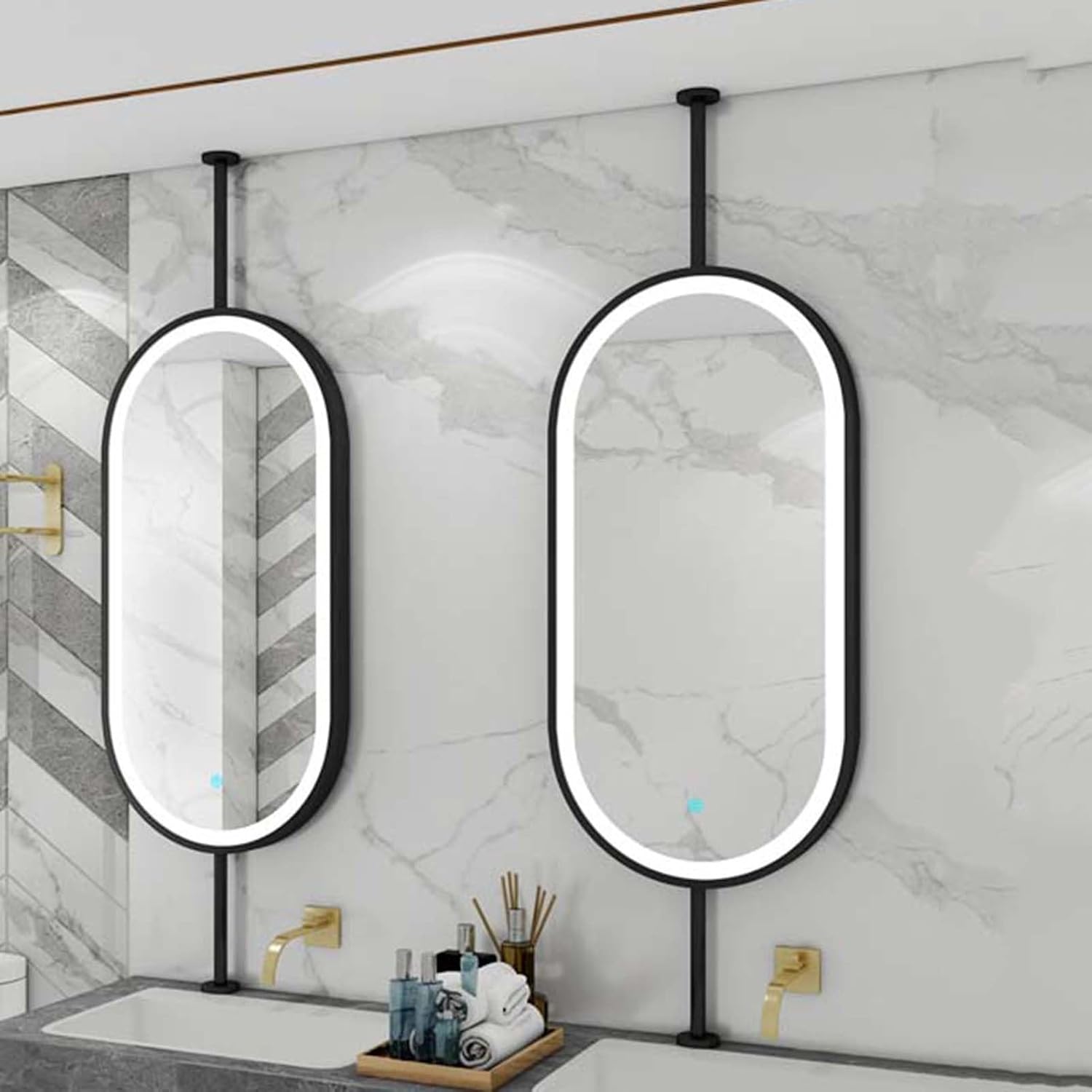 Ceiling Hanging Mirror,Oval Wrought Iron Frame Hanging Mirror,Bathroom Vanity Mirror with LED Lighting,for Bedroom Bathroom Living Room,Black-90L x 60W cm,Black-90L x 60W cm