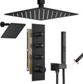 Thermostatic Shower System,Shower Faucet Set,12 Inch Ceiling Mounted and 6 Inch Wall Mount Rain Shower Head with 2 in 1 Handhled,Push Button Diverter Dual Shower Head Combo Set Matte Black