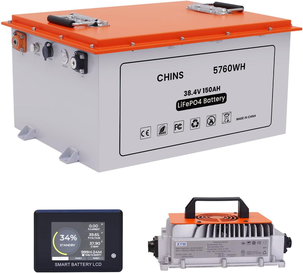 CHINS 36V 150Ah Lithium Golf Cart Battery, Built-in 200A BMS, Includes 36V 25A Charger, 36V Lithium Golf Cart Battery, Max 7.68KW Output 70 Miles Range, Perfect for Golf Cart