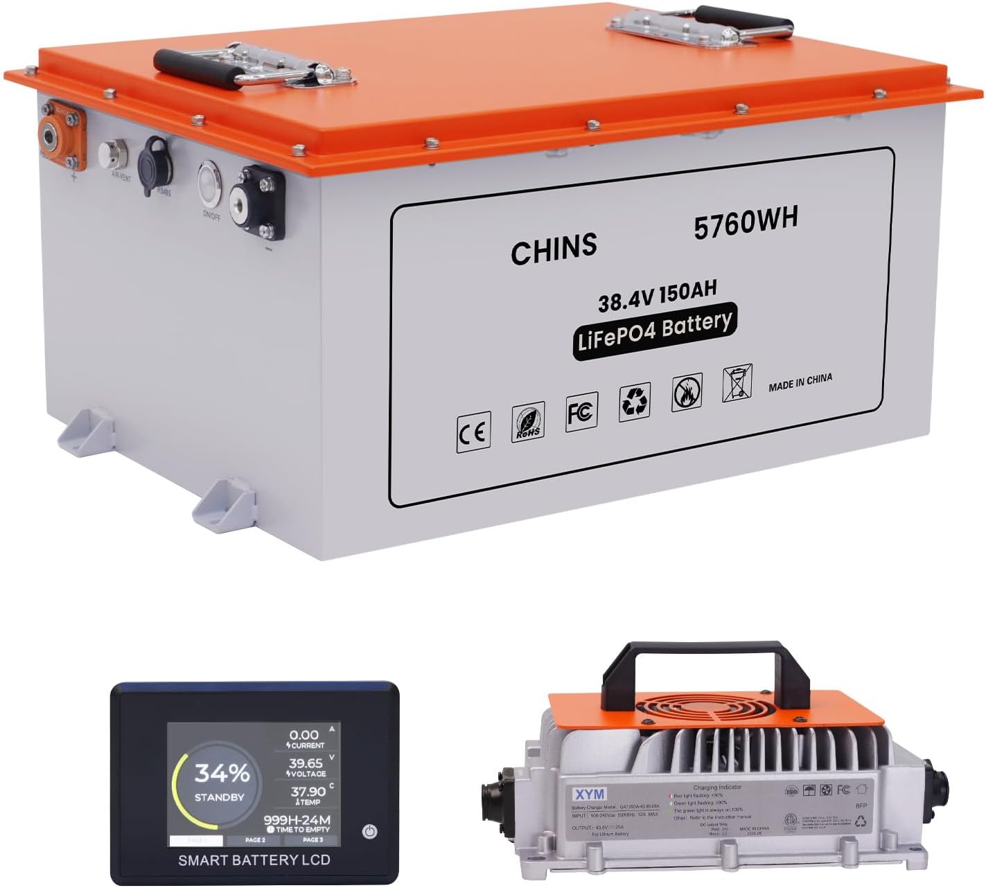 CHINS 36V 150Ah Lithium Golf Cart Battery, Built-in 200A BMS, Includes 36V 25A Charger, 36V Lithium Golf Cart Battery, Max 7.68KW Output 70 Miles Range, Perfect for Golf Cart