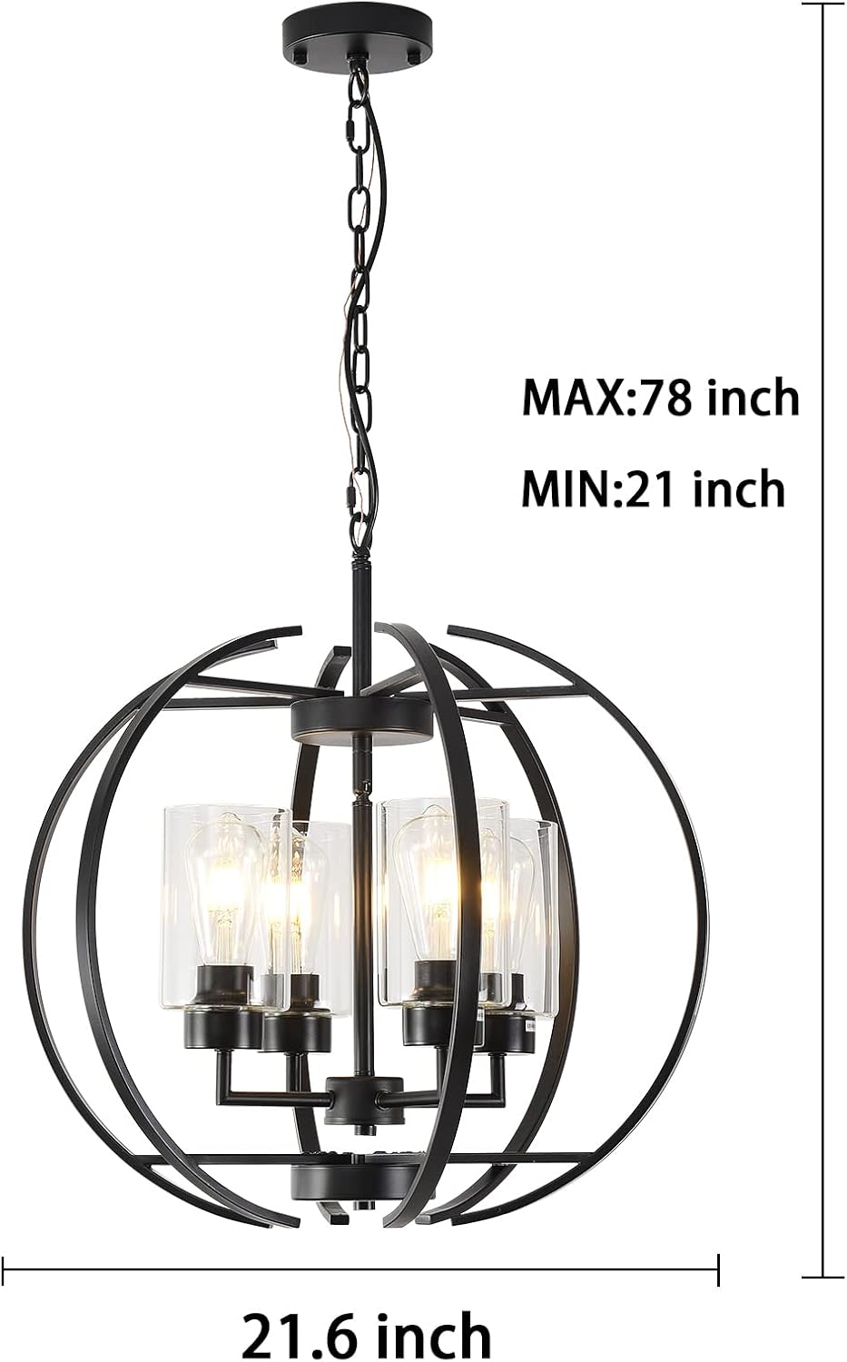 Black Chandelier Lighting with Clear Glass for Dining Room, Farmhouse Hanging Lighting, 4 Lights Globe Ceiling Light Fixture