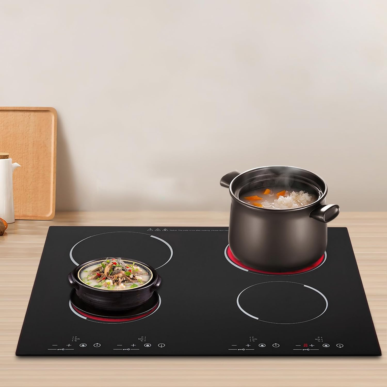 4 Burner Electric Cooktop Electric Stove Top Induction Cooktop Counter top Burner Built-in Electric Ceramic Stovetop Smooth Surface Glass 9 Heating Level Safety Lock,3000W (No Plug)