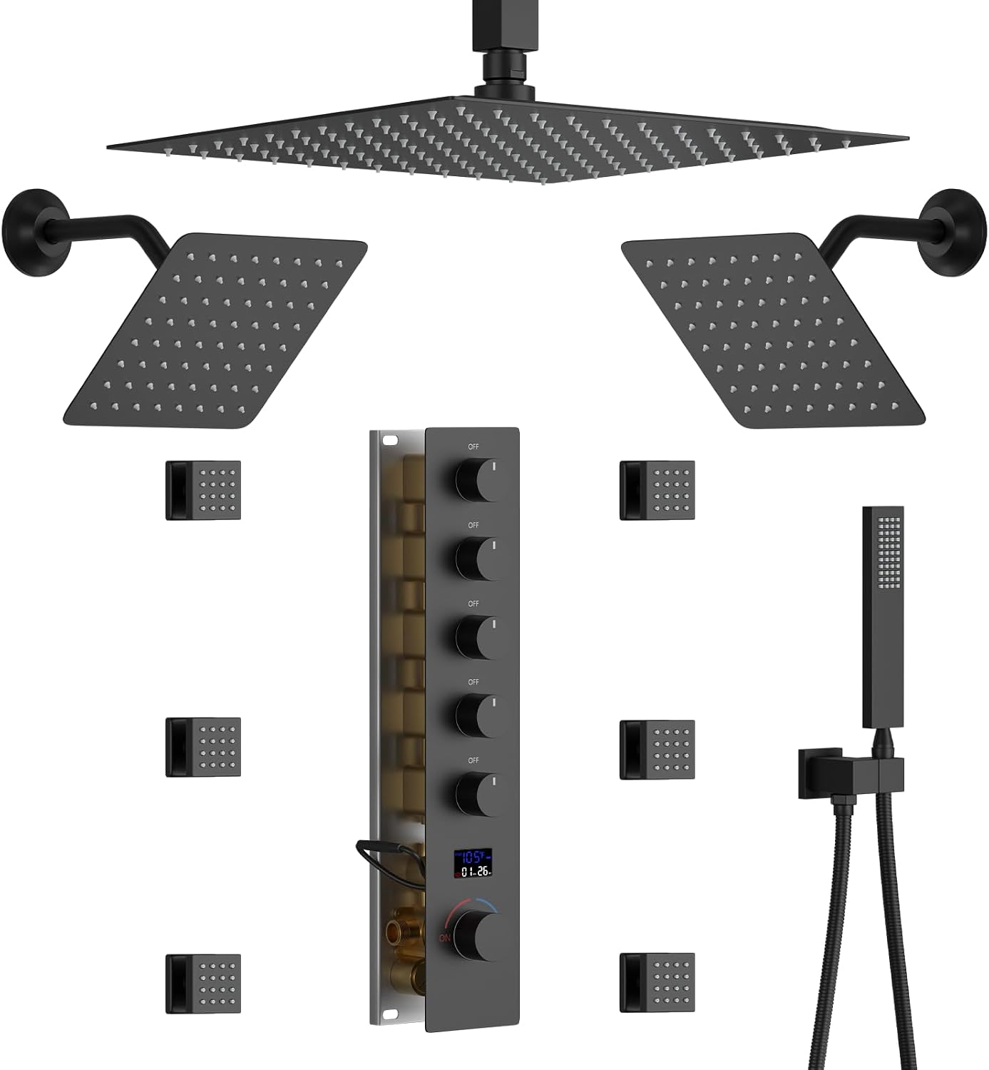 Rainfall Shower System with 12+8+8' Three Top Shower Heads, Body Jets and Handheld Shower,Matte Black Full Body Shower System with Digital Display Valve