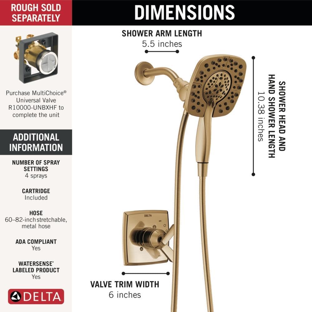 Delta Ashlyn 17 Series Dual-Function Bathtub & Shower Faucet Set with In2ition 2-in-1 Dual Shower Head Handheld Spray, Gold 2-Handle Valve Trim Kit, Champagne Bronze T17464-I-CZ (Valve Not Included)