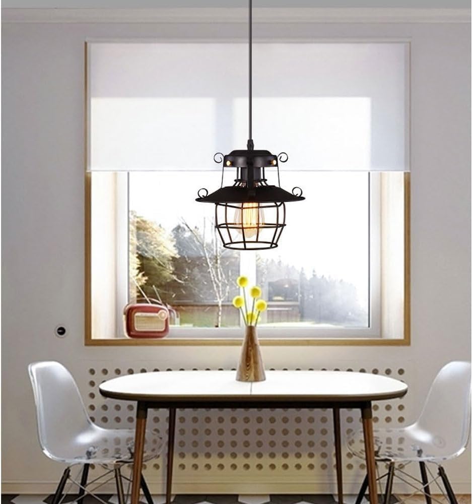 Country Style Chandelier, E27 Screw Single Head Adjustable Pendant Lamp, Black Cage Wrought Iron Lighting Fixtures, Loft Cafe Bar Hanging Light,Pendant Lights