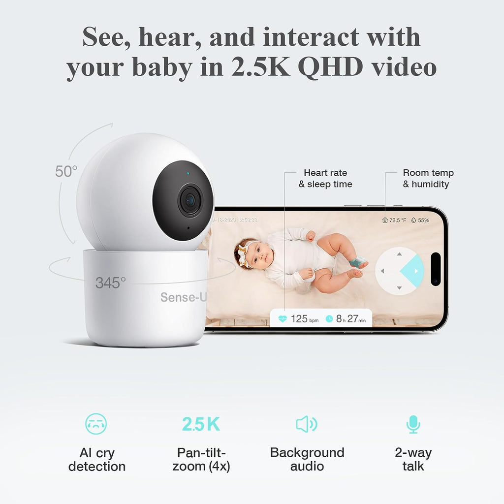 Sense-U Smart Baby Sock Monitor and 2.5K PTZ Camera, Tracks Heart Rate, Sleep Trends & Movement Anytime Anywhere, Video Monitor