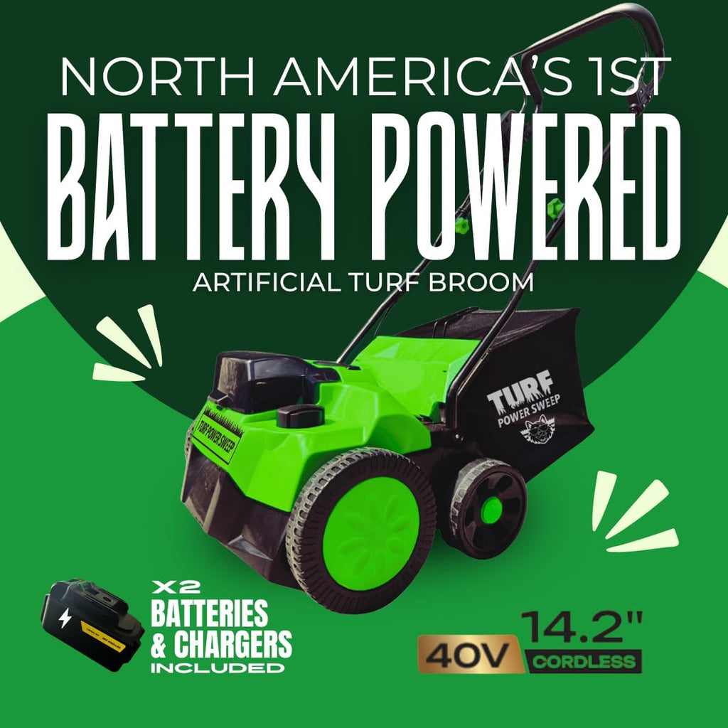 Complete Artificial Turf Care Kit – Includes Cordless Battery Powered Turf Power Sweep Artificial Turf Sweeper, Turf Animal Pro-Strength Odor Remover Starter Kit & Turf Static Sweep Detail Edger Broom