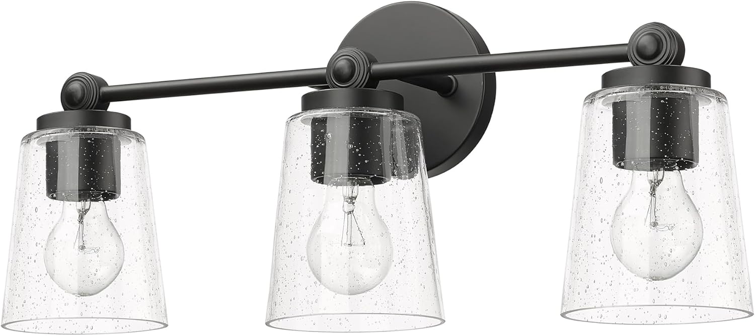 ML Lighting | Lauryn Collection | 22003-MB | 3 Light Vanity in Matte Black Finish with Clear Seeded Glass Shade | Versatile Design That adds High-End Texture and Elegance to Your Bathroom