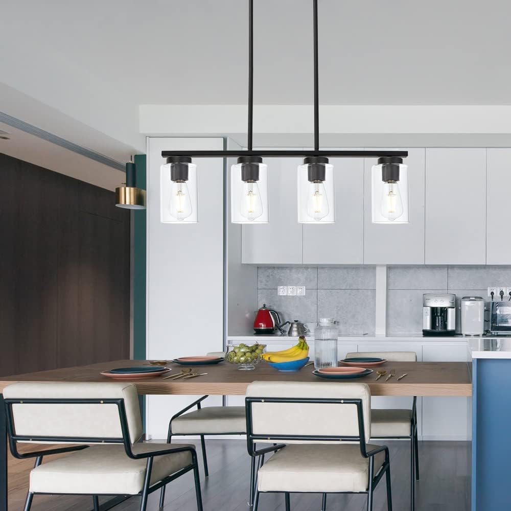 TODOLUZ Black Pendant Light Fixtures with Clear Glass Shades, 4-Lights Linar Kitchen Island Light for Farmhouse Dining Room Kitchen Pool Table