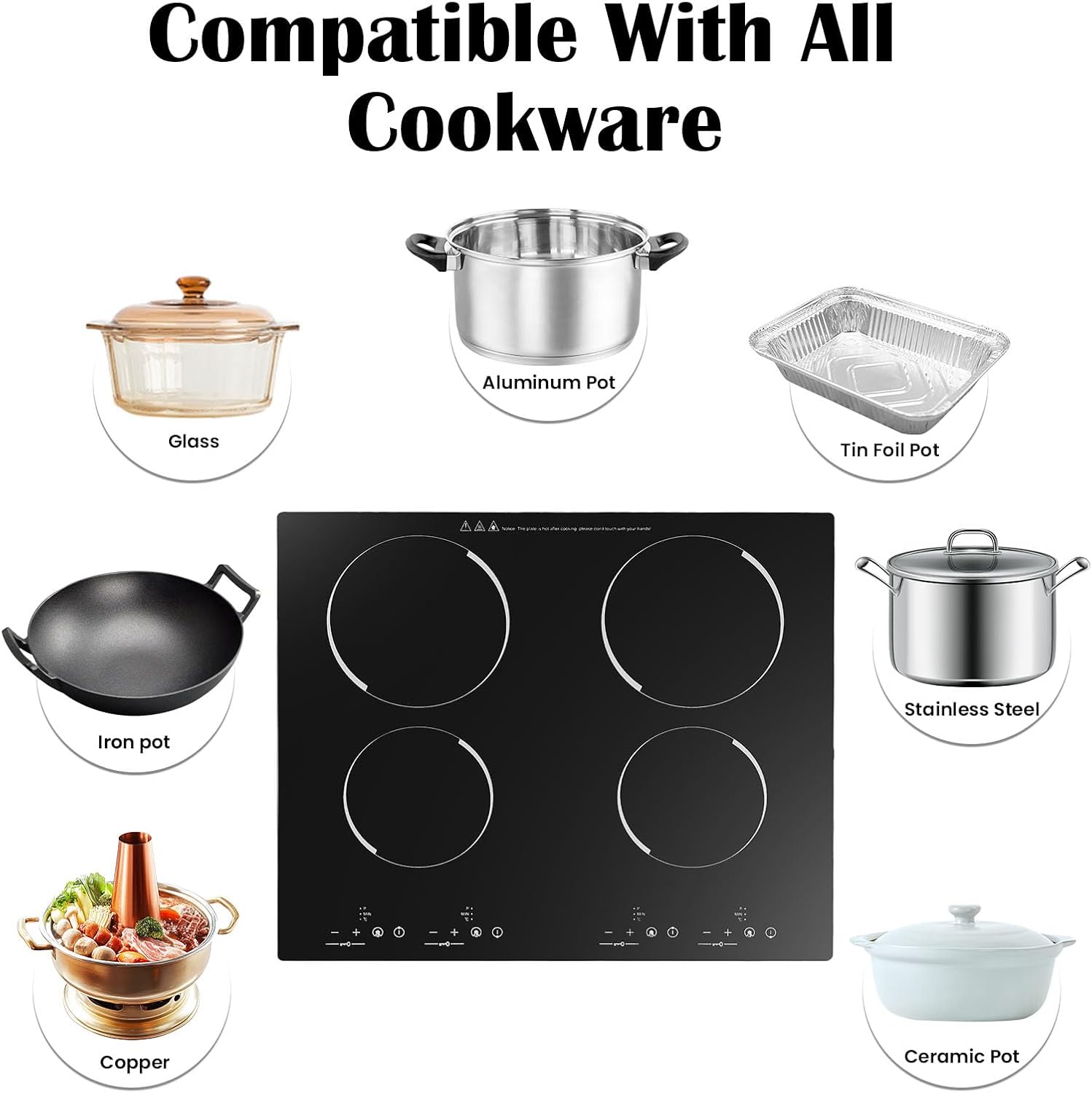 4 Burner Electric Cooktop 110v, 24 Inch Electric Stove Countertop & Built-in, Cooktop with 9 Power Levels, Sensor Touch Control, Safety Lock, Timer, 3000W, No Plug (4 Burners)