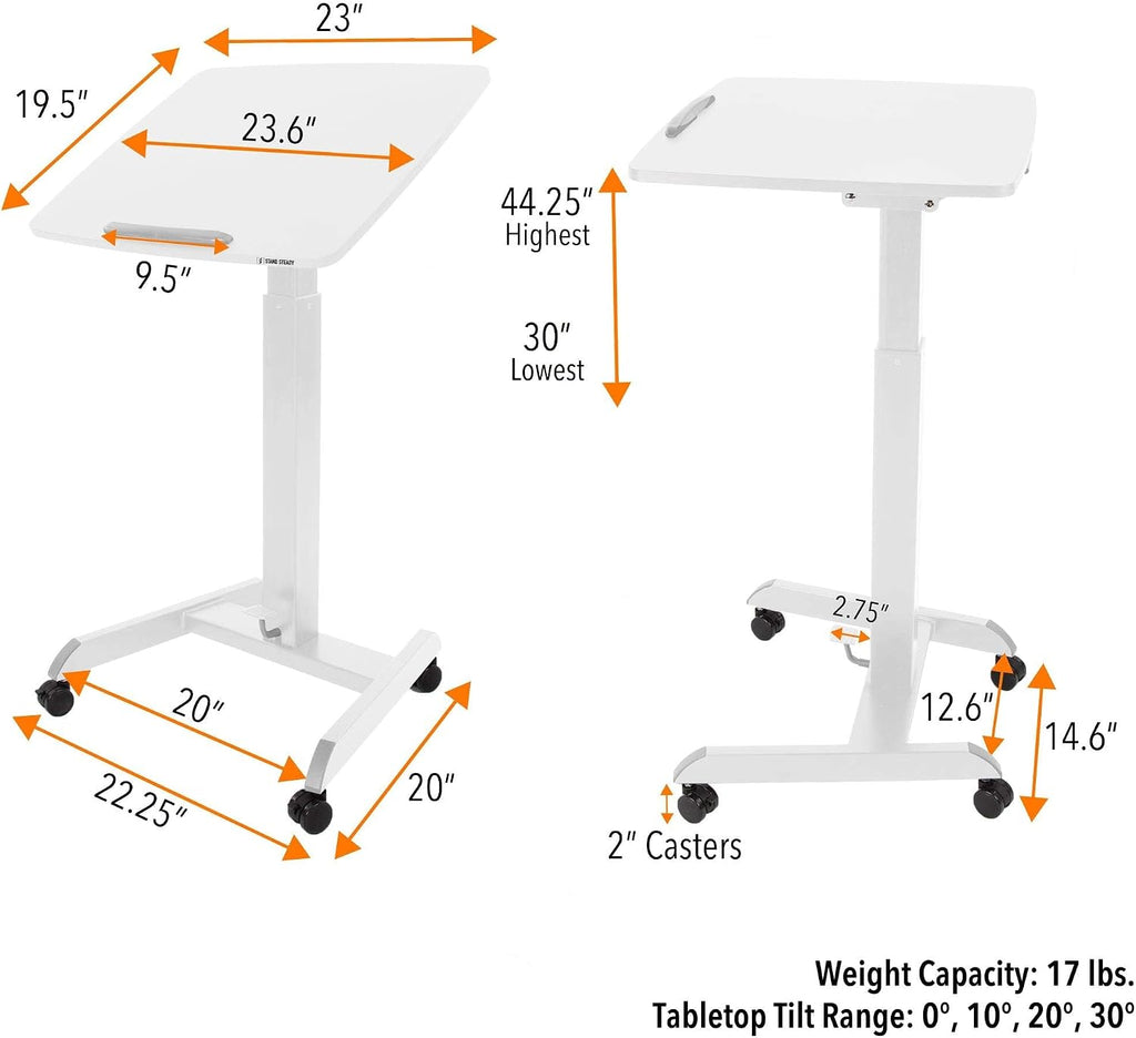 Stand Steady Multifunctional Mobile Podium Desk | Portable Sit to Stand Lectern with Pneumatic Height Adjustment & Tilting Desktop | Rolling Laptop Stand | Mobile Desk for School, Home, Office (White)