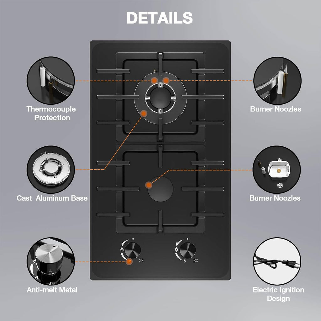 2 Burner Gas Stove Propane Cooktop, Tempered Glass Gas Cooktop 12 inch Stainless Steel Gas Burner with Thermocouple Protection, Lpg/Ng Dual Fuel Built-in Gas Stove Top for Apartments, Rvs