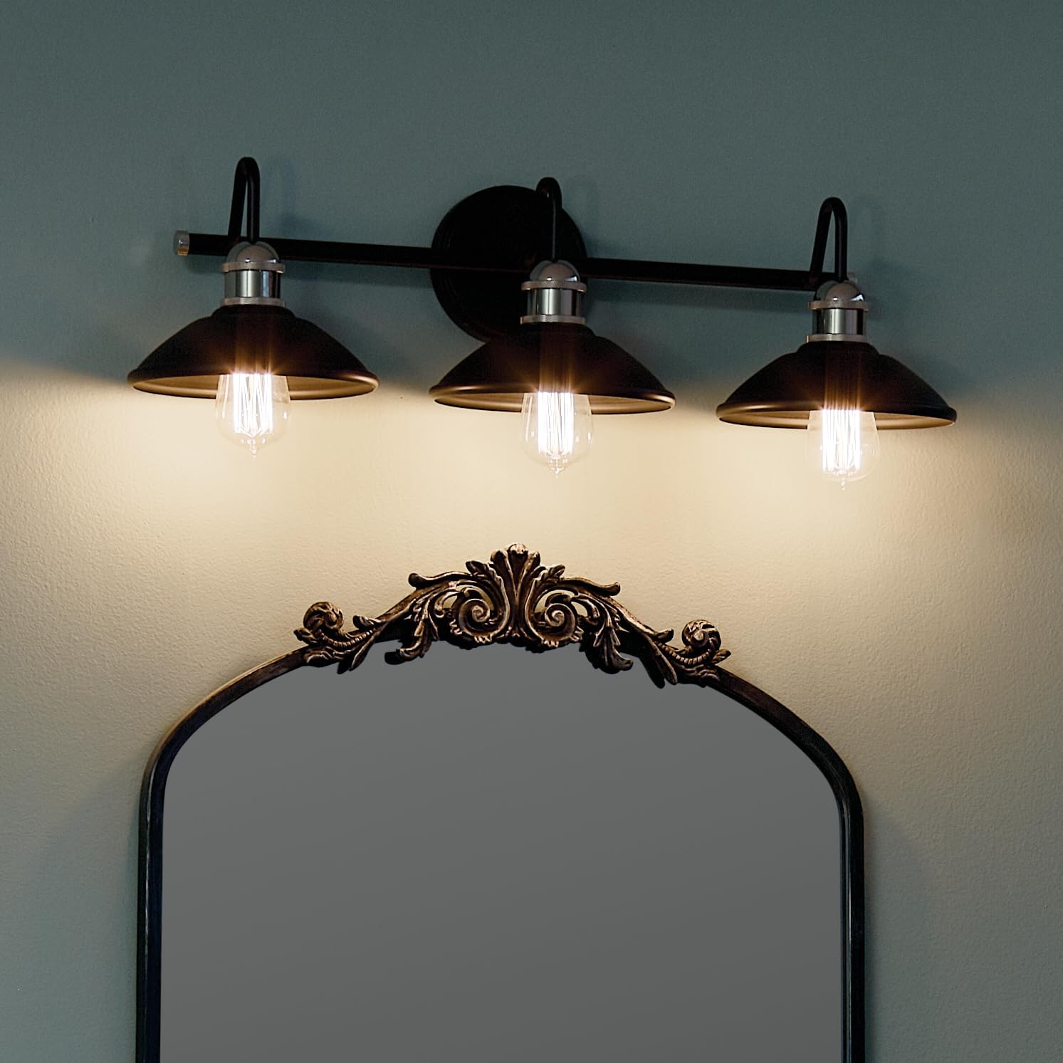 Kichler Clyde 3-Light Bathroom Vanity Light Fixture with Vintage Industrial Design in Black Finish, Wall Mount Over Mirror Lighting for Bathroom (7.25' x 26.5' x 8.25'), 45945BK