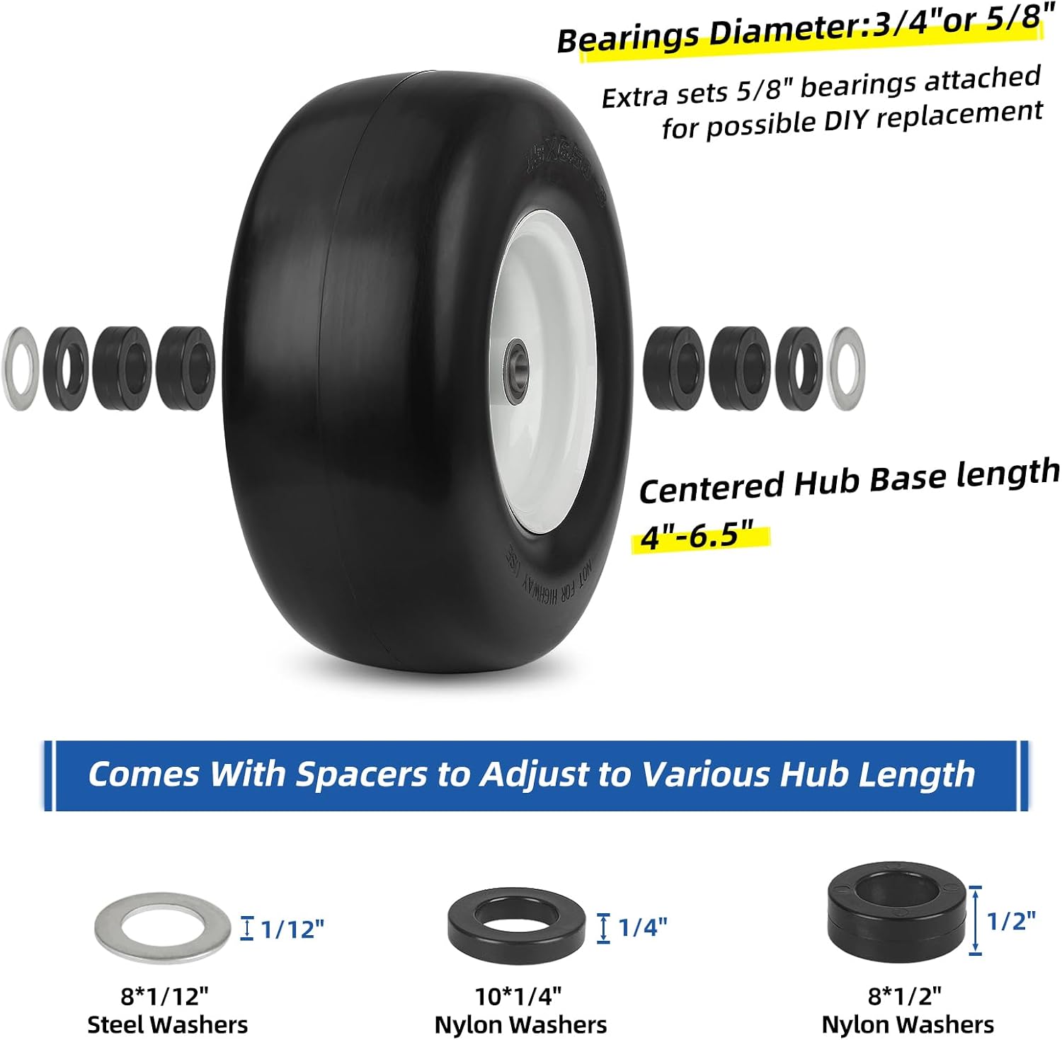 13x6.50-6' Flat Free Lawn Mower Tire and Wheel, Comes with Saver Ramp, 3/4' or 5/8' or 1/2' Bearing Bore, 3'-3.5'-4'-4.5'-5' Centered Hub, Smooth Tread Tire for Zero Turn Mowers, 2 Pcs