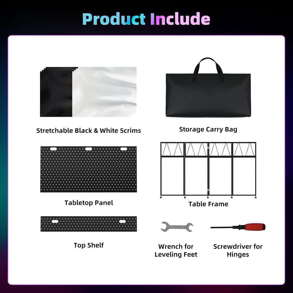 Portable DJ Table Stand, Tool-Free Setup Foldable 40' x 20' DJ Stand Booth w/ 2 Top Trays, Black & White Scrims, 4IN Adjustable Leveling Feet, 5 Cable Holes and Carry Bag, for Parties, Events, Studios