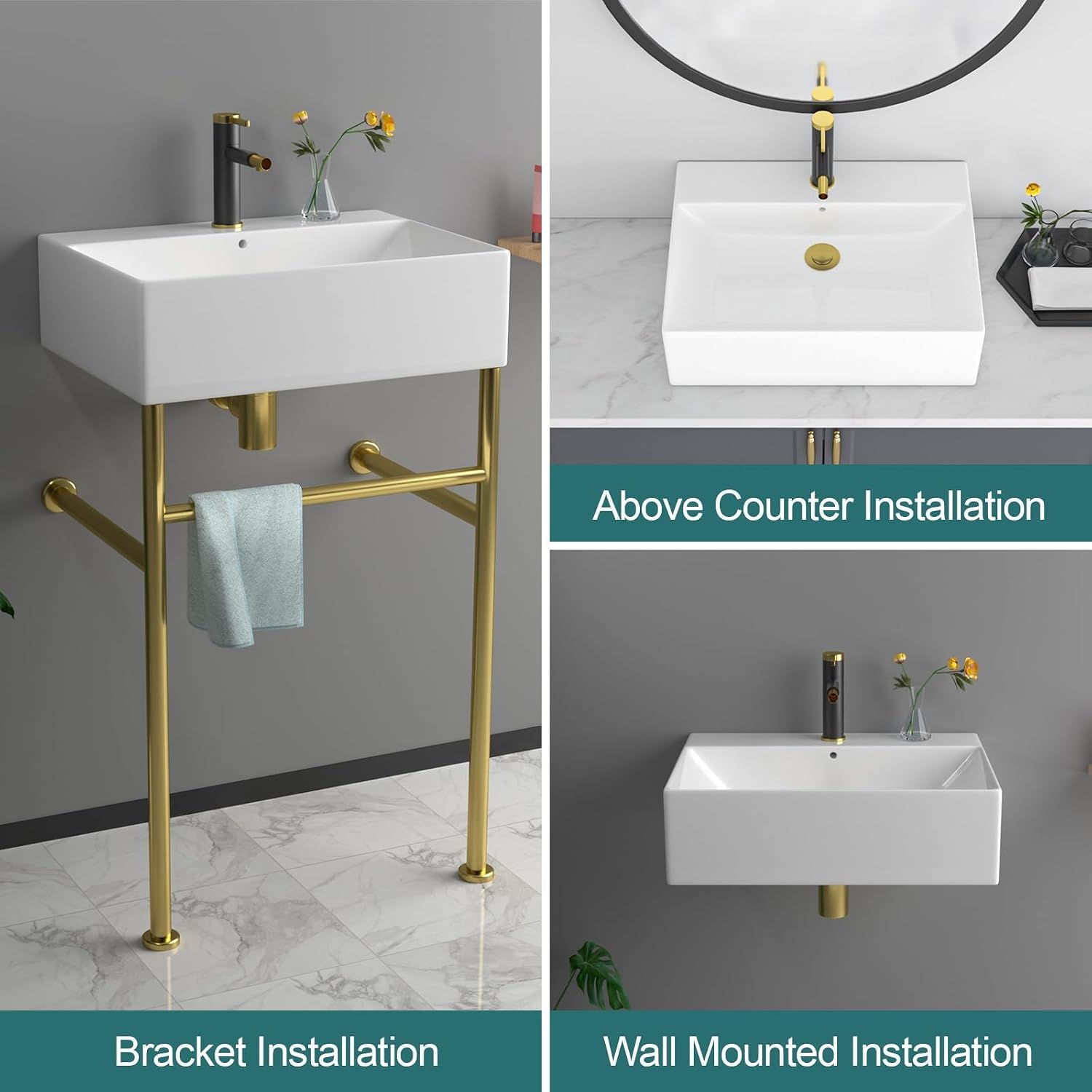 24''x16'' Modern Console Bathroom Sink with Gold Stainless Steel Pedestal Legs, Freestanding & Wall Mount Vessel Vanity Basin, Rectangular Ceramic Sink for Small Space, Brushed Gold
