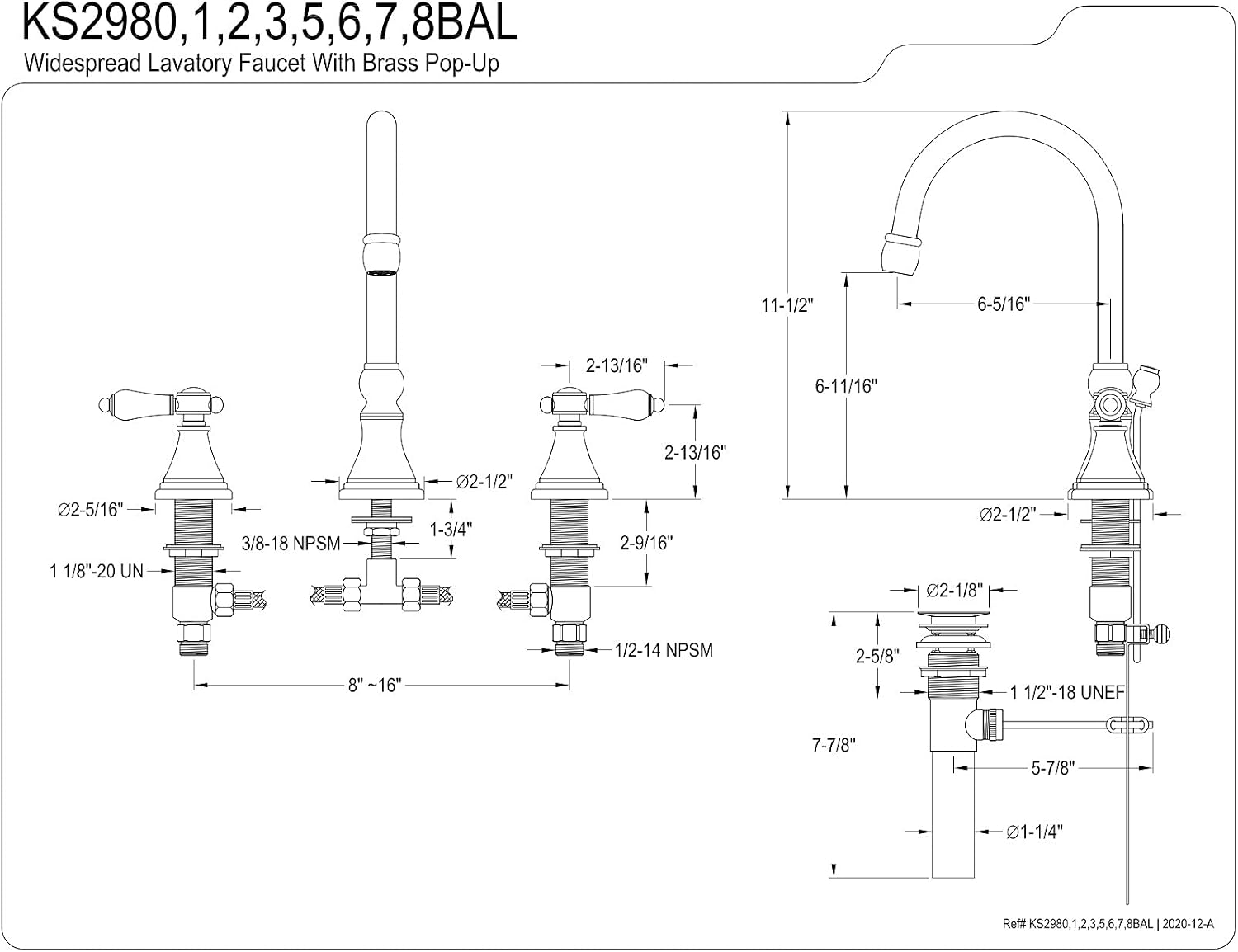 Kingston Brass KS2980BAL Heirloom Widespread Bathroom Faucet, Matte Black, 13.63 x 6.31 x 11.5