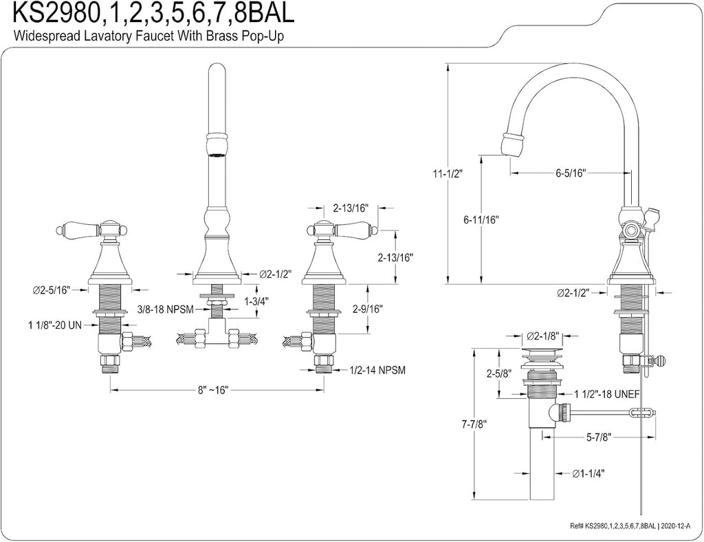 Kingston Brass KS2988BAL Heirloom Widespread Bathroom Faucet with Brass Pop-Up, Brushed Nickel