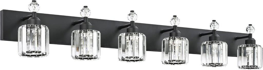PRESDE 6-Light Crystal Bathroom Lights Fixtures Modern Matte Black Bathroom Lights Fixtures Over Mirror Bath Wall Lighting