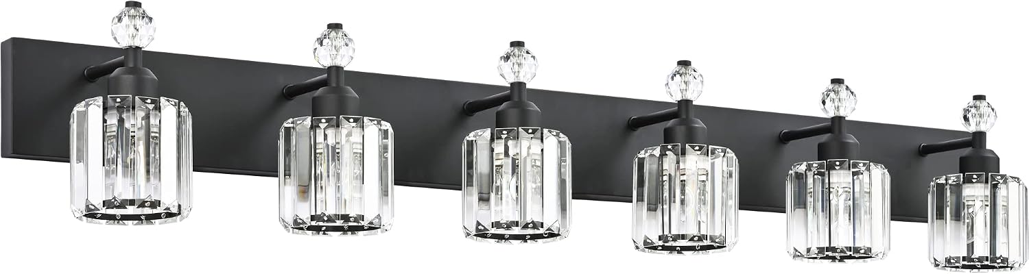PRESDE 6-Light Crystal Bathroom Lights Fixtures Modern Matte Black Bathroom Lights Fixtures Over Mirror Bath Wall Lighting