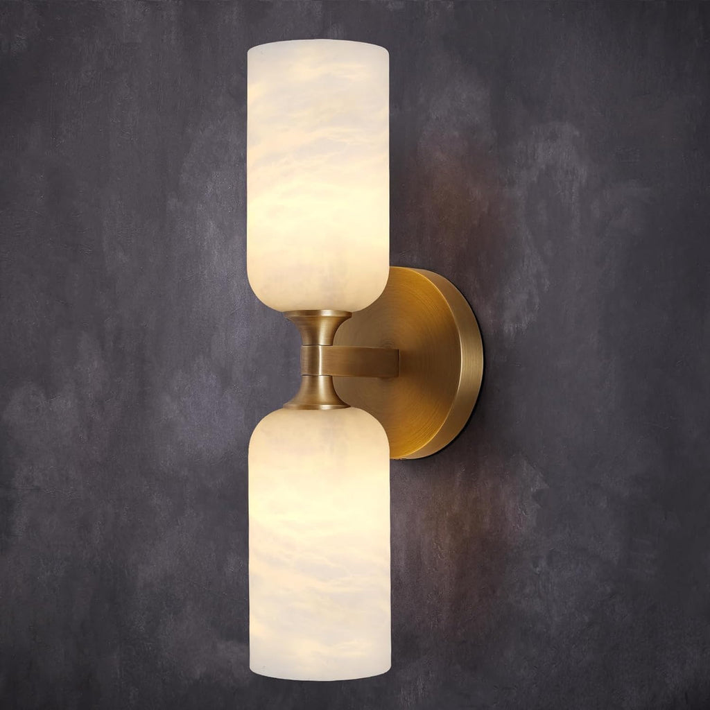 Alabaster Wall Sconces, 14' Modern Spanish Natural Marble Vanity Light, Dimmable Hardwired Brass Gold Wall Sconce Lighting for Bathroom Mirror, Bedroom, Living Room, Luxury Stone Wall Fixtures (1 Pcs)