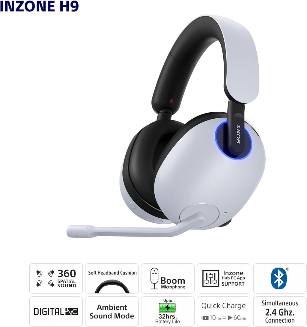 Sony INZONE H9 Gaming Headset, Wireless Noise Canceling Bluetooth Headset with Microphone, 360 Spatial Sound, for PC and PS5 (WH-G900N) Bundle with Turnstile Audio Desktop Headphone Stand (White)