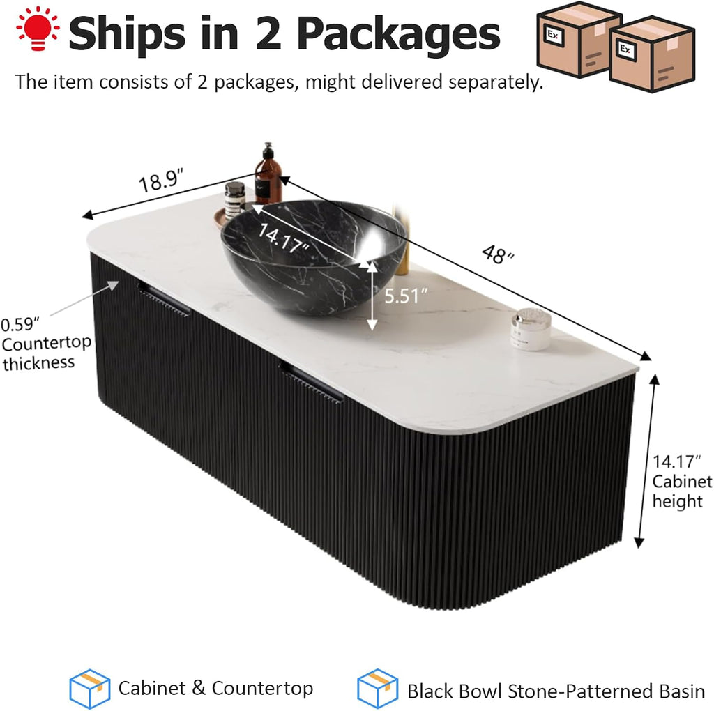 48' Floating Bathroom Vanity with Sink, Plywood Bathroom Vanities with Ultra-Thin Marble Ceramic Basin and Top, 2 Large Soft-Closing Storage Drawers, Pre-Assembled Cabinet, Gloss Black
