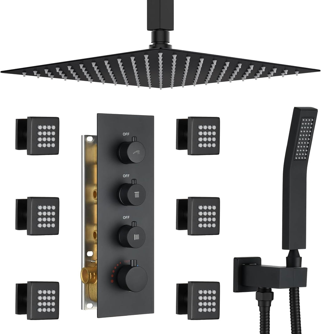 Thermostatic Shower System with 6 Body Jets & 16-Inch Ceiling Rainfall Shower Head Bathroom Luxury Matte Black Shower Faucet Set with High Pressure Handheld Sprayer, with Valve and Trim