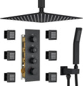 Thermostatic Shower System with 6 Body Jets & 16-Inch Ceiling Rainfall Shower Head Bathroom Luxury Matte Black Shower Faucet Set with High Pressure Handheld Sprayer, with Valve and Trim