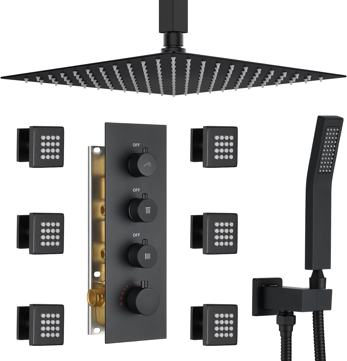Thermostatic Shower System with 6 Body Jets & 16-Inch Ceiling Rainfall Shower Head Bathroom Luxury Matte Black Shower Faucet Set with High Pressure Handheld Sprayer, with Valve and Trim