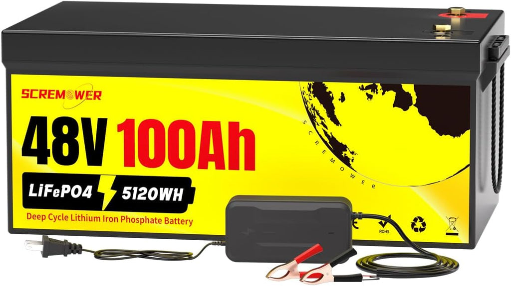 48V 100AH Lifepo4 Battery Built-in 200A BMS Grade A+ cell Deep Cycle Lithium golf cart Battery with 58.4V Charger for RV, Boat, Off-grid, Solar, Motorhome, Caravan