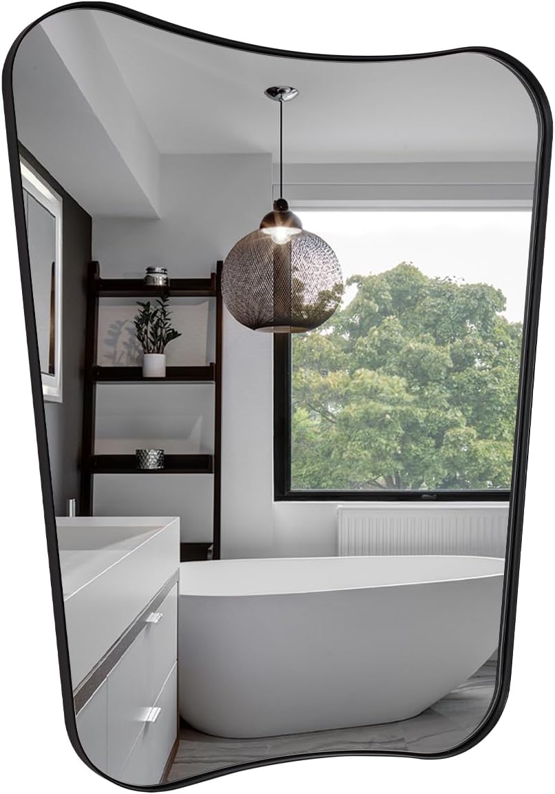 MIRRORART 24x32'' Black Irregular Mirrors for Bathroom | Premium Metal Frame Mirror Butturfly-Shaped Irregular Wall Mirrors Wall Mounted Vertical for Bathroom Remodel, HD Glass