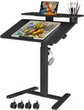 28Inch Rolling Standing Desk On Wheels， Small Computer Workstation Adjustable Height， Mobile Laptop Stand with Tiltable Desktop， 2-Tier Portable Study Table with Storage Shelves， Black