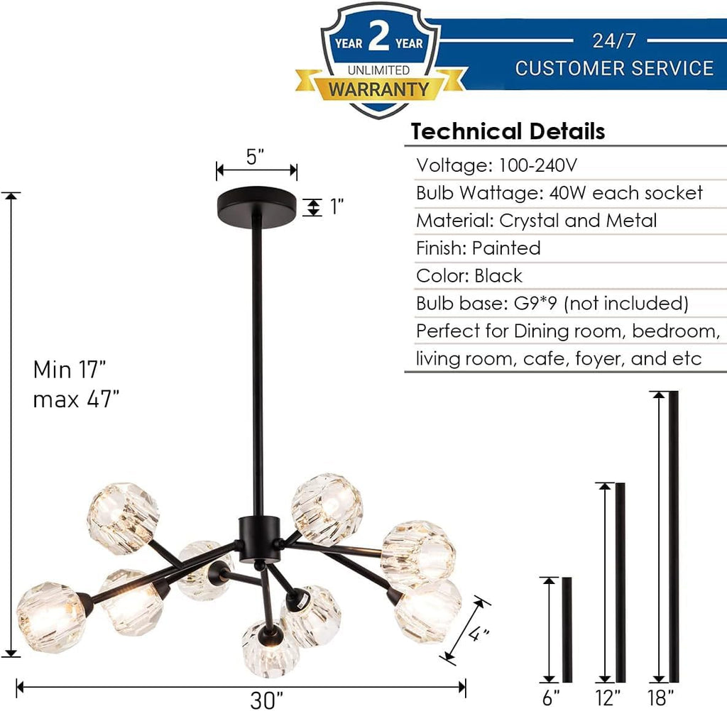 Weesalife Sputnik Chandeliers for Dining Room Light Fixture Over Table, Modern Crystal Chandeliers, 9 Lights Black Lighting Fixtures for Living Room Bedroom Kitchen Island Bar