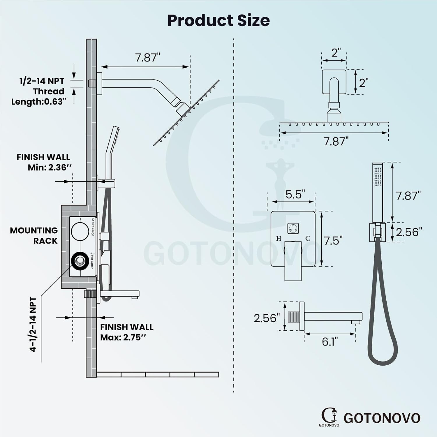 gotonovo Shower System with Tub Spout Wall Mounted Rain Shower Head and Handle Combo Shower Faucet Set with Valve, 8 Inch, Matte Black