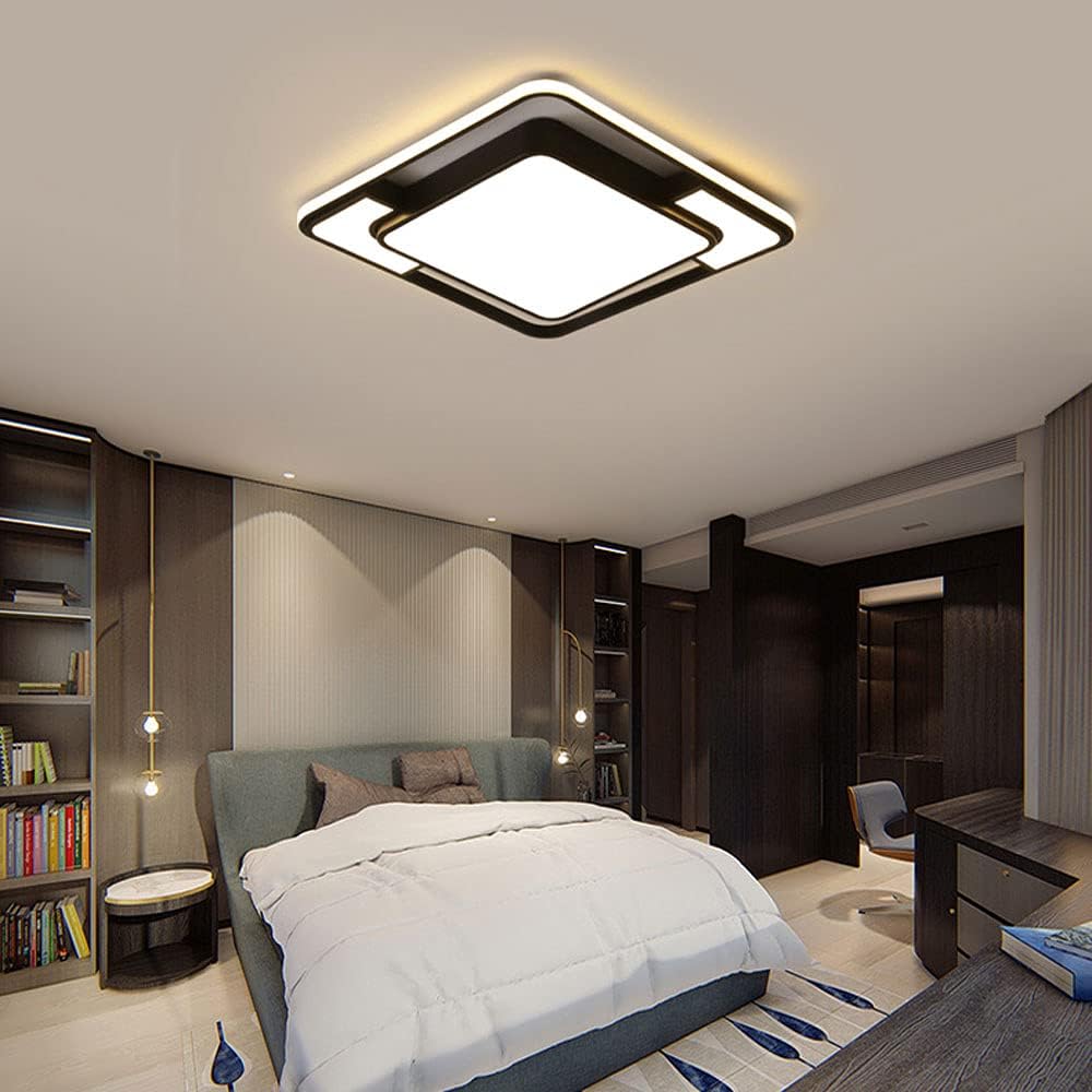 Modern Black and White Square Wrought Iron Ceiling Lamp,LED Flush Mount Ceiling Light,Thin Three-Color dimming Ceiling Light,Bedroom, Study,Lighting fixtures