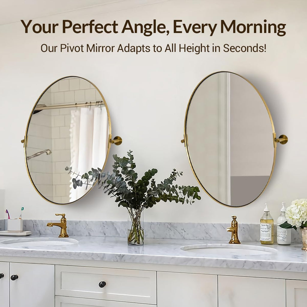 MOON MIRROR Gold Oval Mirror, Oval Pivot Mirror for Bathroom, Brass Oval Vanity Mirror for Wall, Oval Mirror for Bathroom, Brushed Gold Tilting Bathroom Pivoting Mirror(Overall 25.37' x 30')