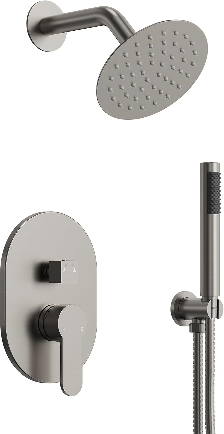 6' High-Pressure Shower System with Handheld Spray, Wall Mount Round Bathroom Shower Faucet Set with Valve (Brushed Nickel)
