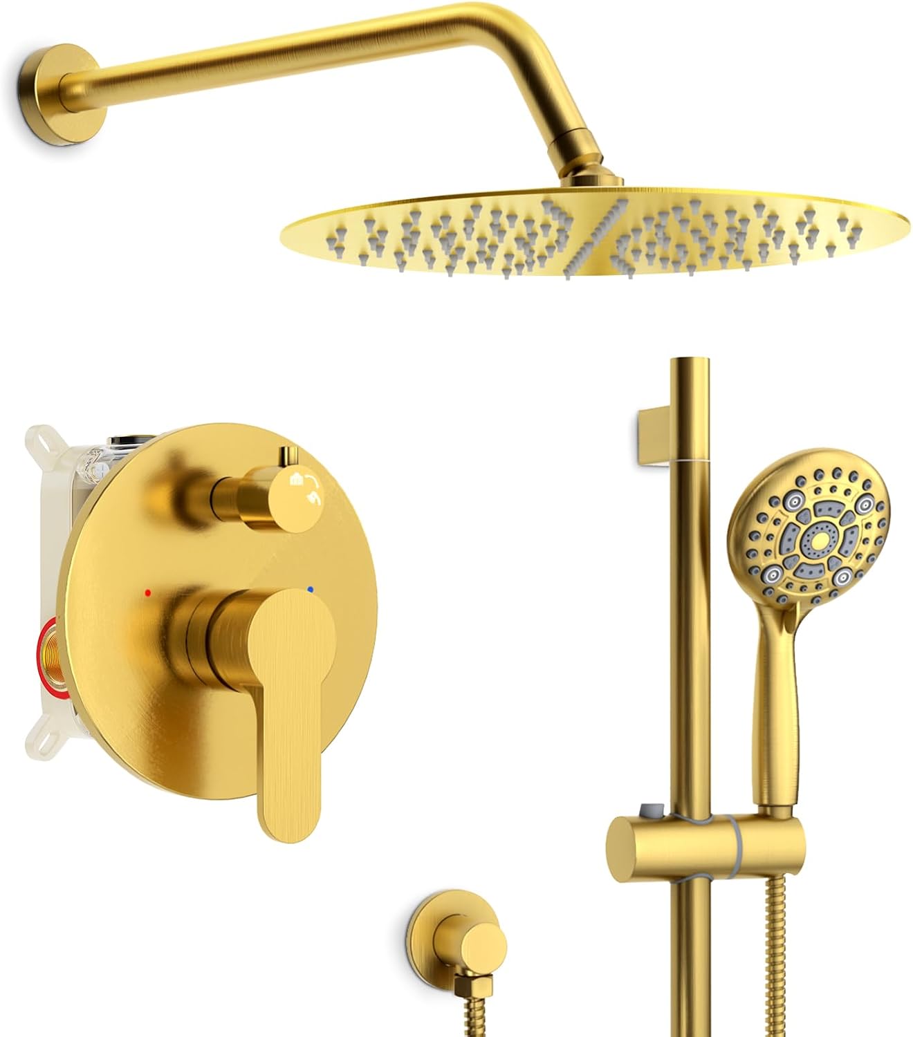 SR SUN RISE 12 Inch Brushed Gold Shower System, Wall-Mount Adjustable 16-Inch Slide Bar with 6-Function Hand Shower Faucet Included Valve and Trim Kit