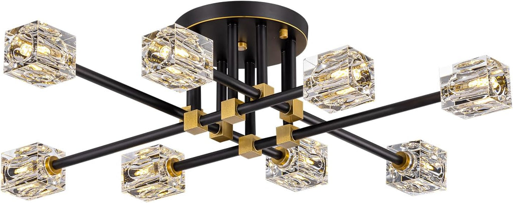 Modern Sputnik Ceiling Light Fixture with 8 Light,Black and Gold Semi Flush Mount Ceiling Light,K9 Crystal Chandeliers for Bedroom, Dining Room, Kitchen Island, Living Room