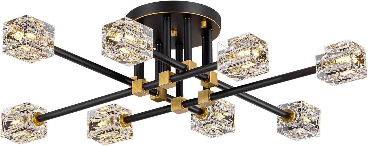 Modern Sputnik Ceiling Light Fixture with 8 Light,Black and Gold Semi Flush Mount Ceiling Light,K9 Crystal Chandeliers for Bedroom, Dining Room, Kitchen Island, Living Room