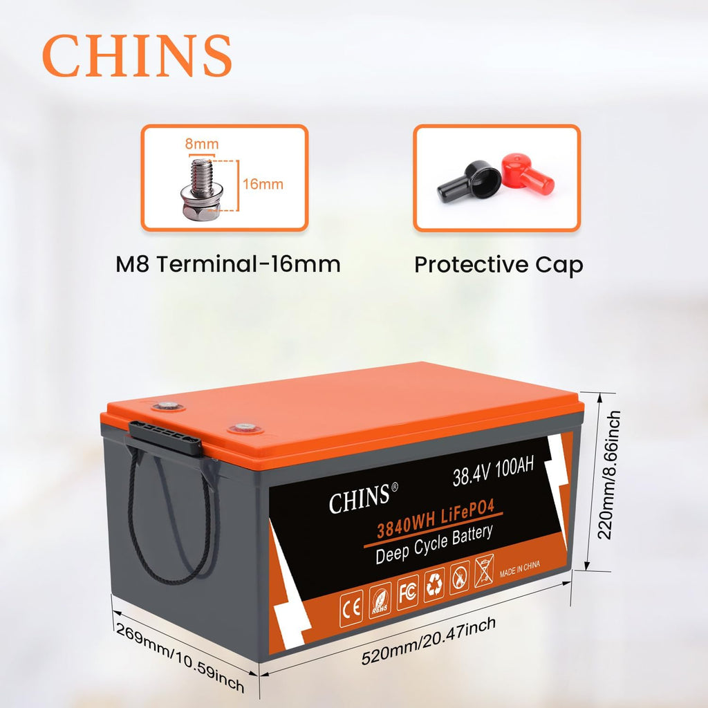CHINS 36V 100Ah Lithium Golf Cart Battery, Includes 36V 25A Charger, Monitor, Built-in Bluetooth 200A BMS, 4000+ Cycles, 36 Volt Lithium Battery for Golf Cart