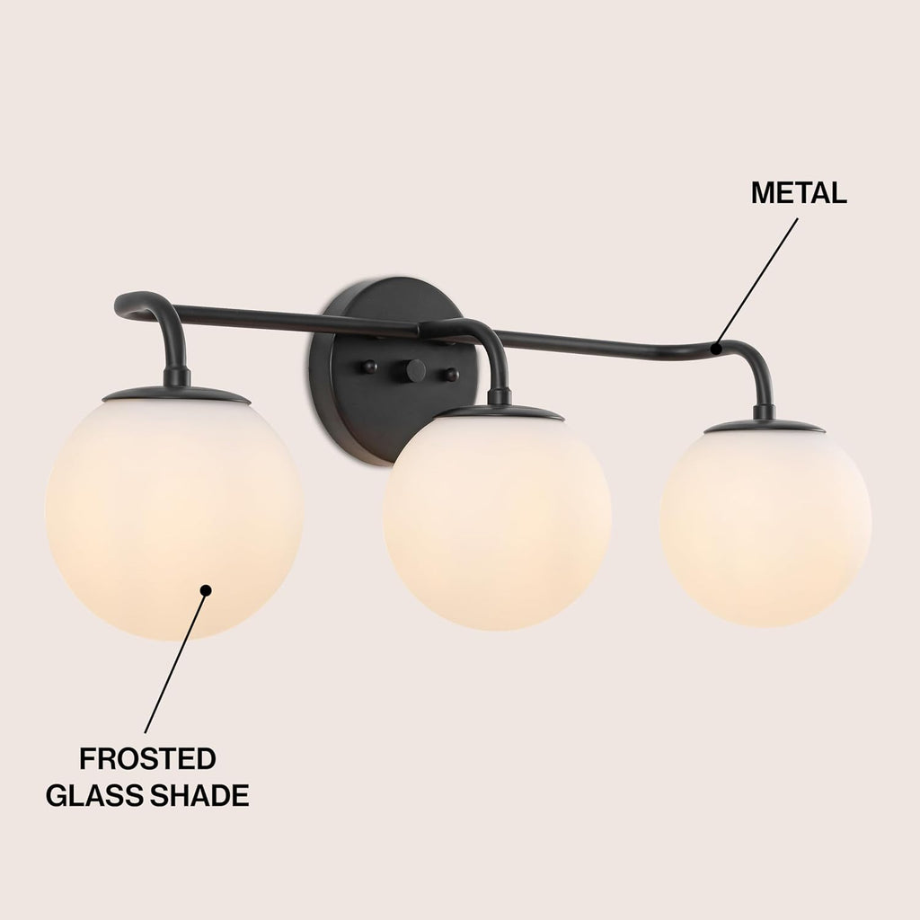 JONATHAN Y 25' Black Modern Globe Wall Sconce Vanity Light for Bathroom, White Frosted Glass Shade, Midcentury Parisian Bistro Wall Lamp, LED Bulb Included (JYL3536B)