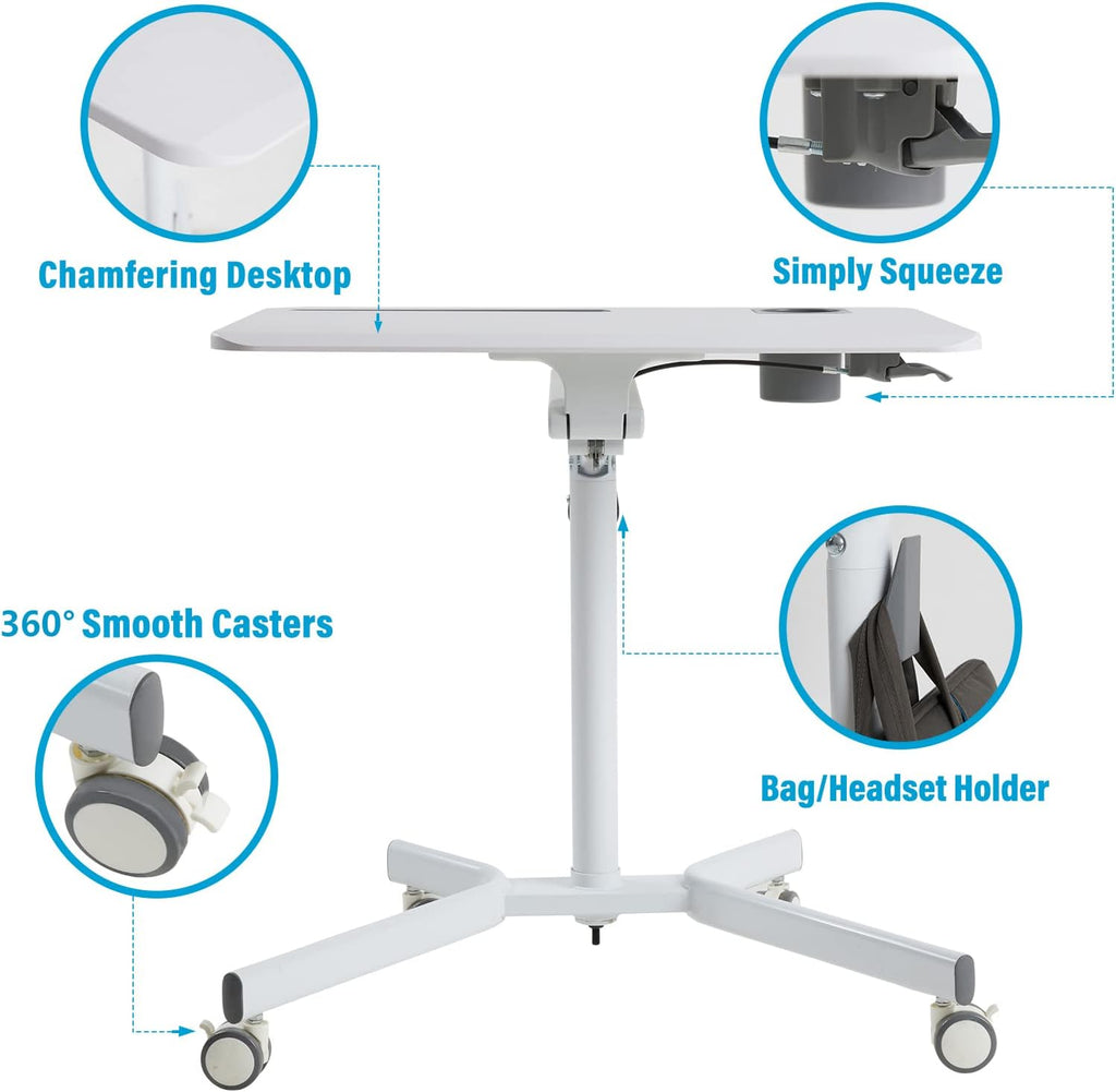 Lipo Mobile Sit Stand Desk - Height Adjustable Standing Laptop Desk Cart Rolling Couch Table on Wheels White Workstation with Gas Spring Riser for Home Office Classroom
