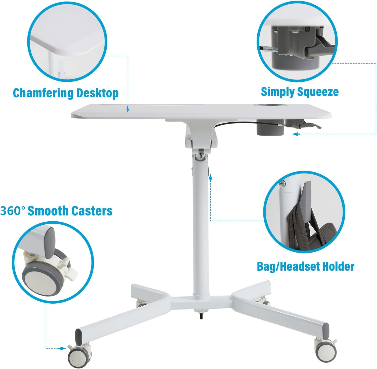 Lipo Mobile Sit Stand Desk - Height Adjustable Standing Laptop Desk Cart Rolling Couch Table on Wheels White Workstation with Gas Spring Riser for Home Office Classroom