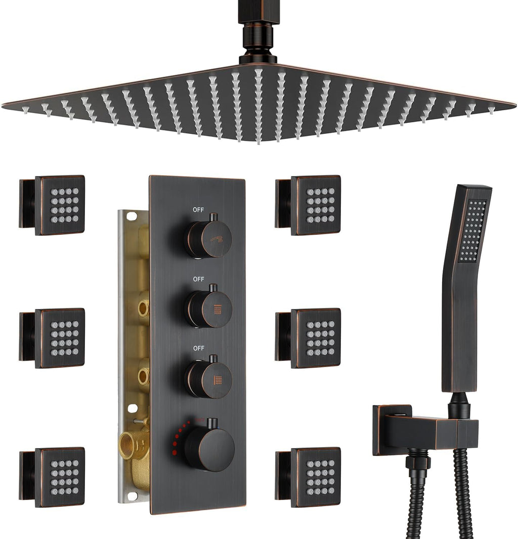 Thermostatic Shower System with 6 Body Jets & 16-Inch Ceiling Rainfall Shower Head, Oil Rubbed Bronze Luxury Full Body Shower Faucet with Handheld Sprayer, Shower Fixtures Set with Valve