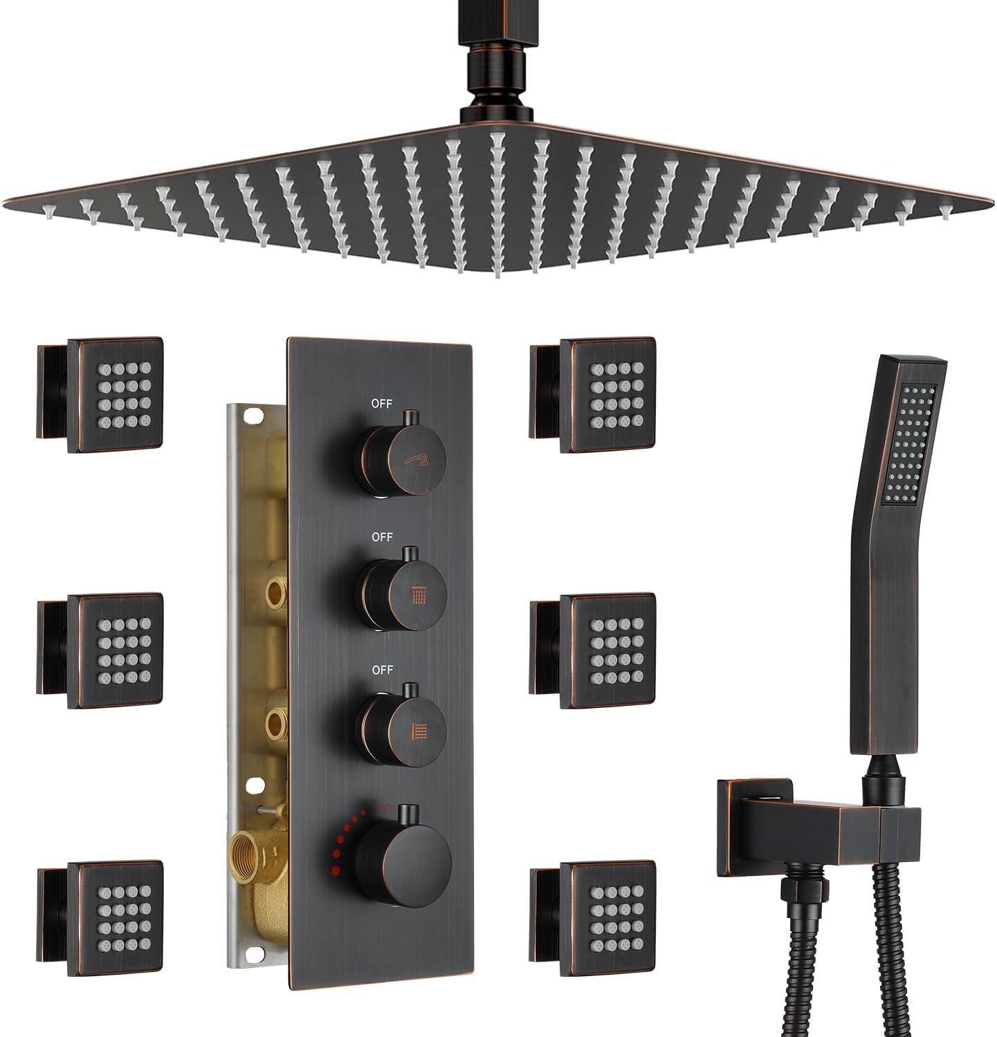 Thermostatic Shower System with 6 Body Jets & 16-Inch Ceiling Rainfall Shower Head, Oil Rubbed Bronze Luxury Full Body Shower Faucet with Handheld Sprayer, Shower Fixtures Set with Valve