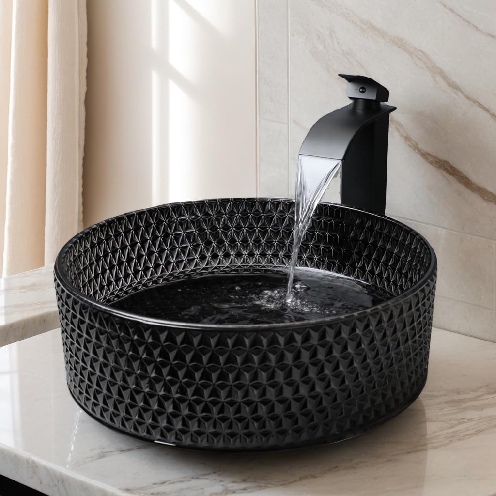 Black Crystal Bathroom Vessel Sink with Waterfall Faucet and Drain Combo,16 Inch Diamond Shaped Tempered Glass Sink Above Counter Round Bathroom Sink Bowl Art Basin