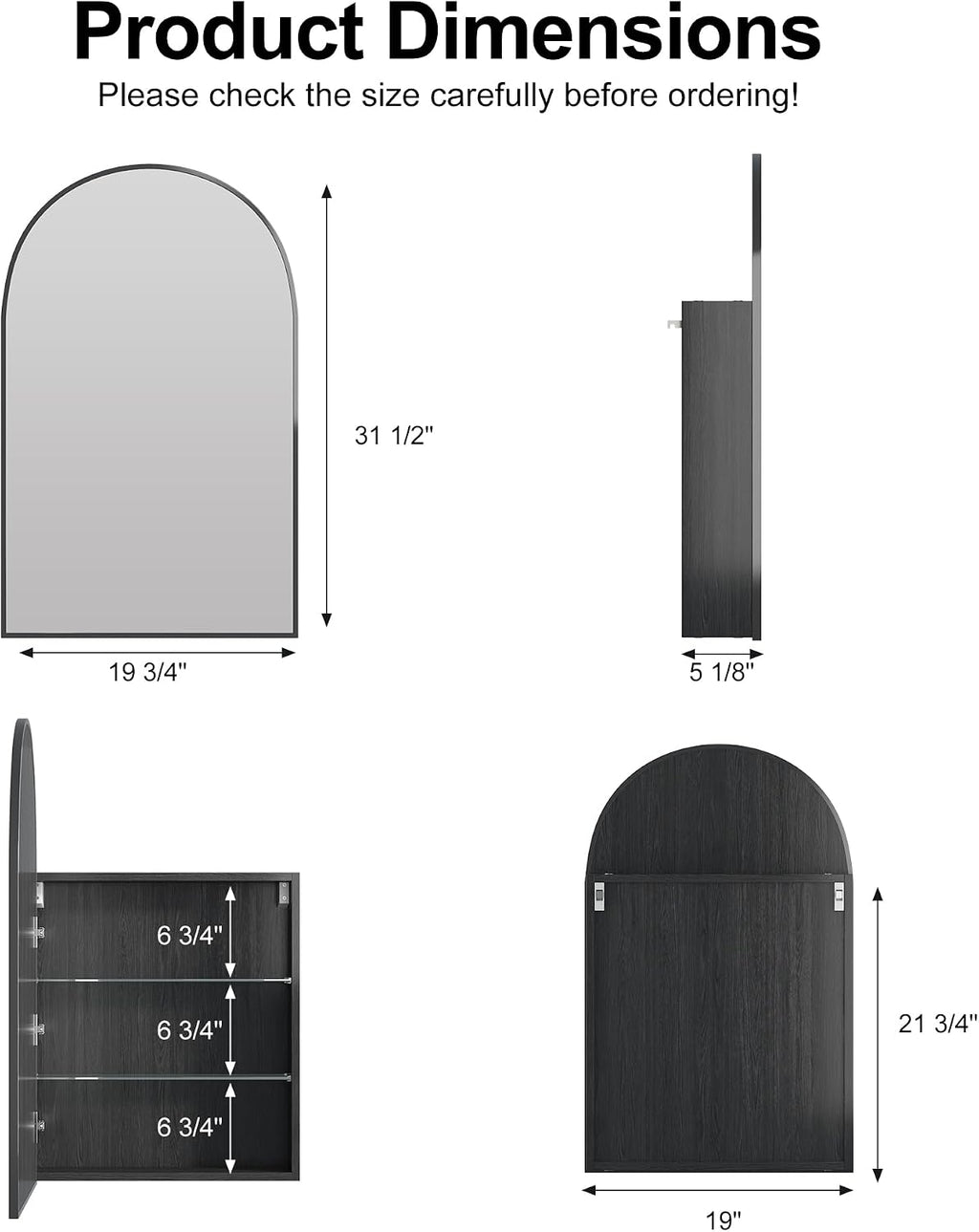 Arched Medicine Cabinet Mirror for Bathroom, Brushed Black Arch Mirror Cabinet with Storage,Adjustable Shelves, Wall Mounted Only, Modern Bathroom Storage,20x32 Inch