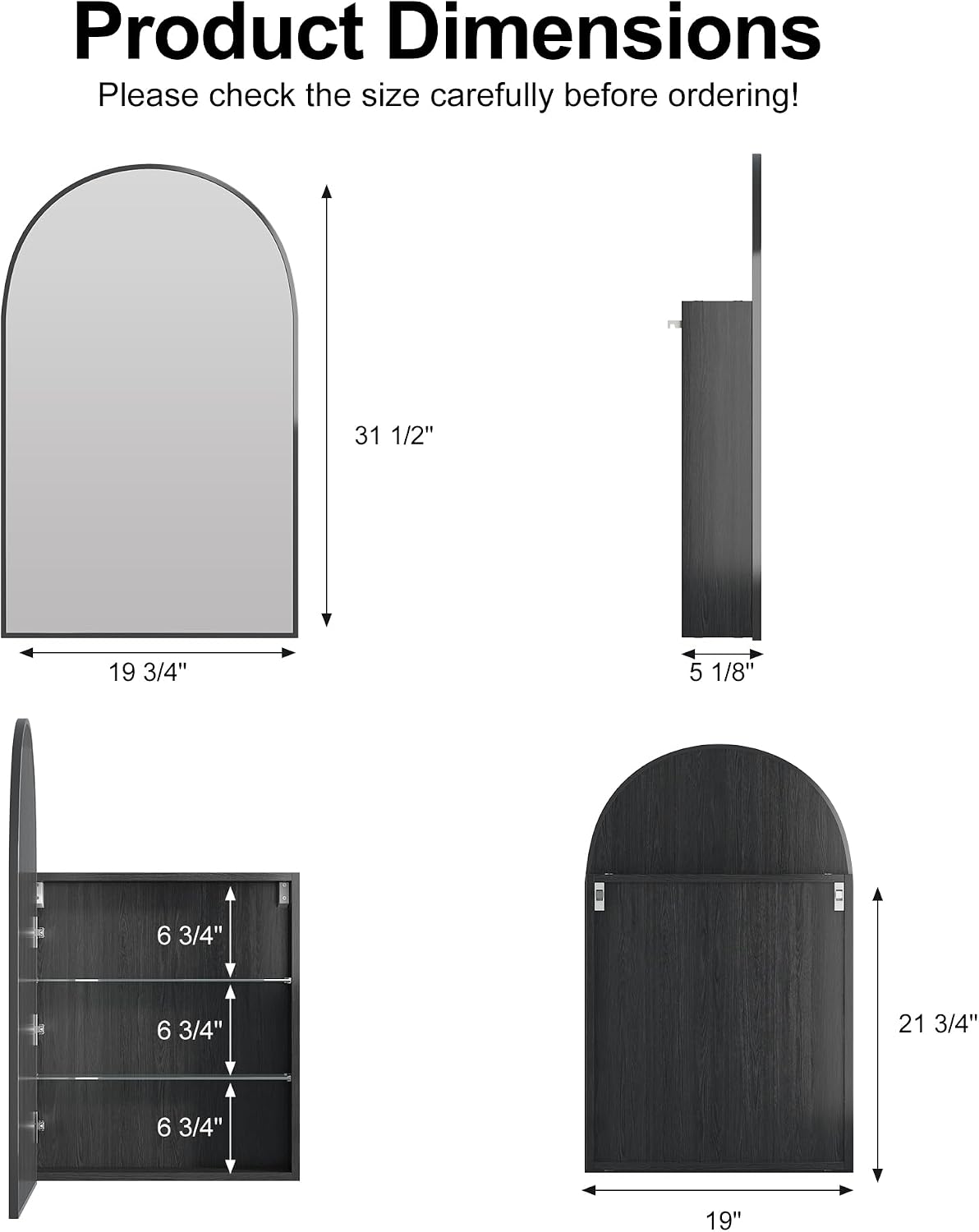 Arched Medicine Cabinet Mirror for Bathroom, Brushed Black Arch Mirror Cabinet with Storage,Adjustable Shelves, Wall Mounted Only, Modern Bathroom Storage,20x32 Inch